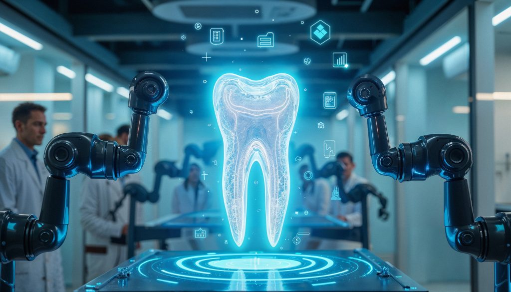futuristic dental technology hologram tooth with robotic arms